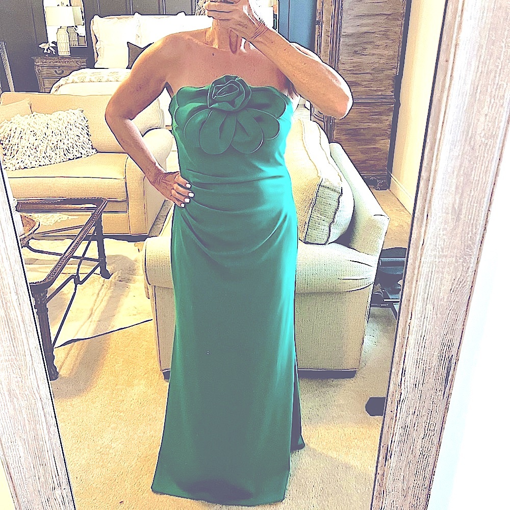 Betsy & Adam Strapless Green Formal Dress with Floral Applique - Picture 2 of 6